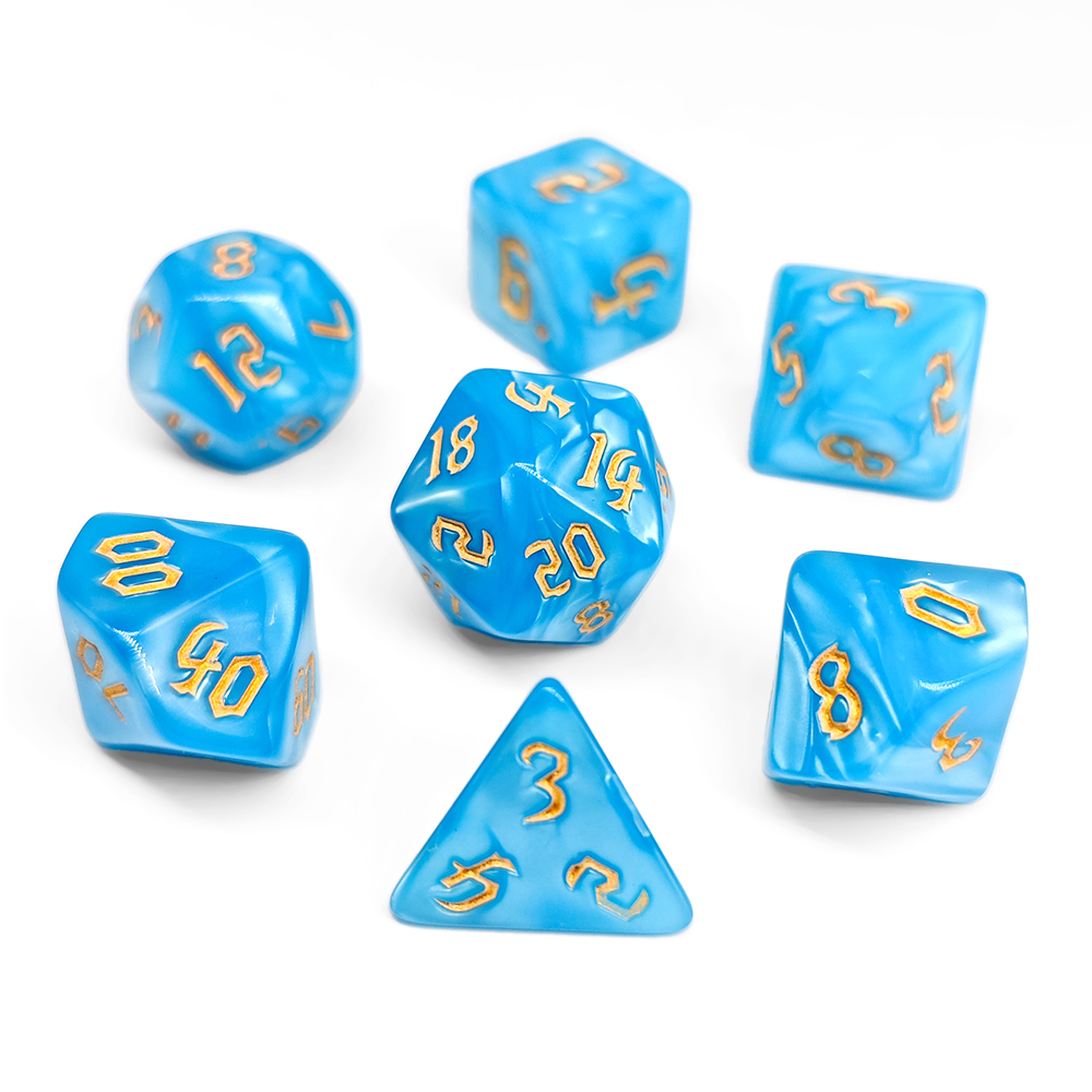 Board Game Dnd - 7個入りダークブルーの渦巻き模様ダイスセット、大理石模様のアクリル多面体DNDダイス、ゴールドナンバー付き、TTRPGボードゲーム用
