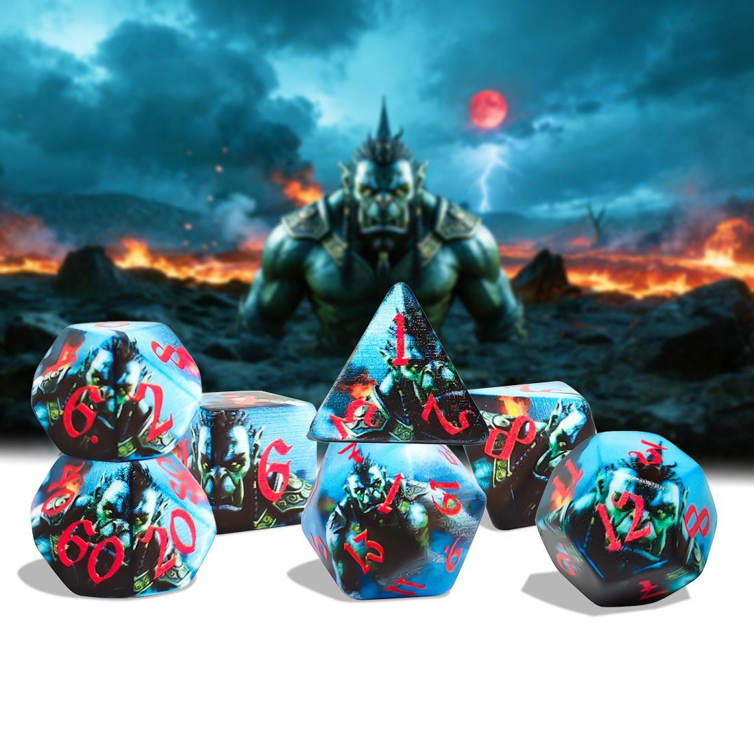 Board Game Dnd - オークウォリアー多面体7ピースダイスセット – ファンタジーDNDダイス（赤インク入り）、テーブルトップRPG用、D&D、MTG、ボードゲームに最適