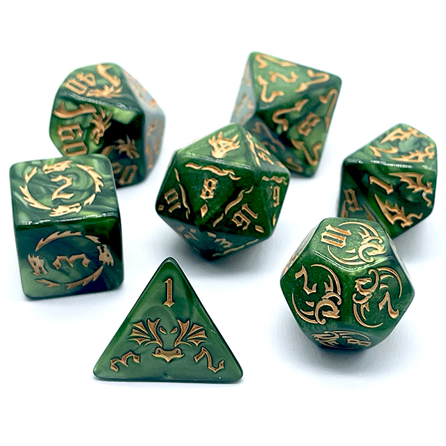 7個入りグリーンスワールアクリルDNDダイスセット、金エンボ - Board Game Dnd のレビューと価格