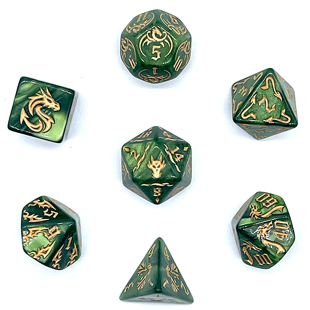 7個入りグリーンスワールアクリルDNDダイスセット、金エンボ - Board Game Dnd のレビューと価格